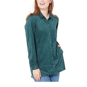 Susan Graver Faux Suede Button-Front Shirt Jacket Petite Large in Rustic Teal